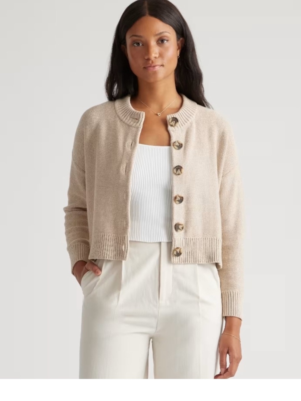 Quince Beige Cropped Button-Front Women's Cardigan